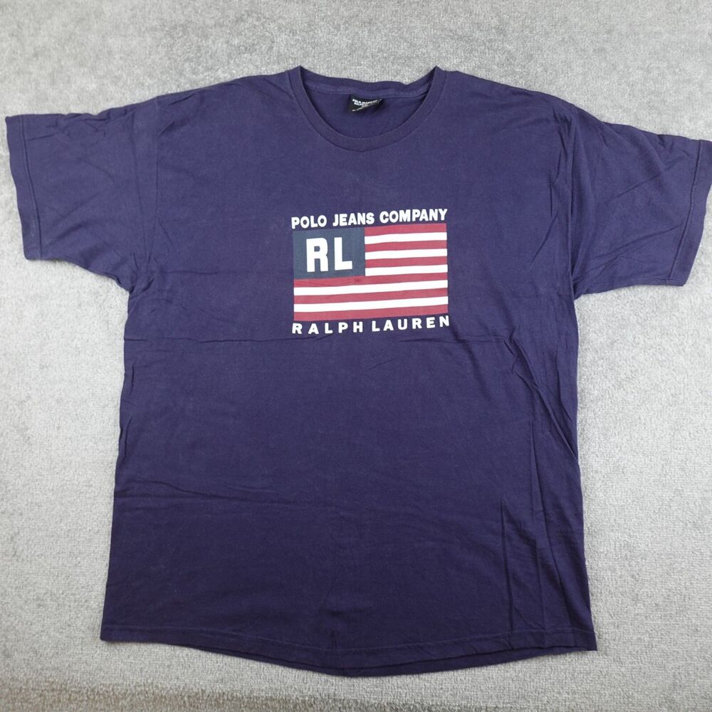 Vintage Polo Jeans Co Ralph Lauren Shirt Men XL Blue USA Flag Logo Graphic Tee